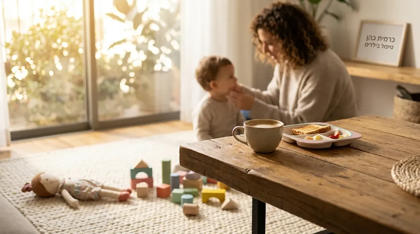 בוקר רגוע בבית עם אור שמש רך, שולחן ארוחת בוקר וצעצועים